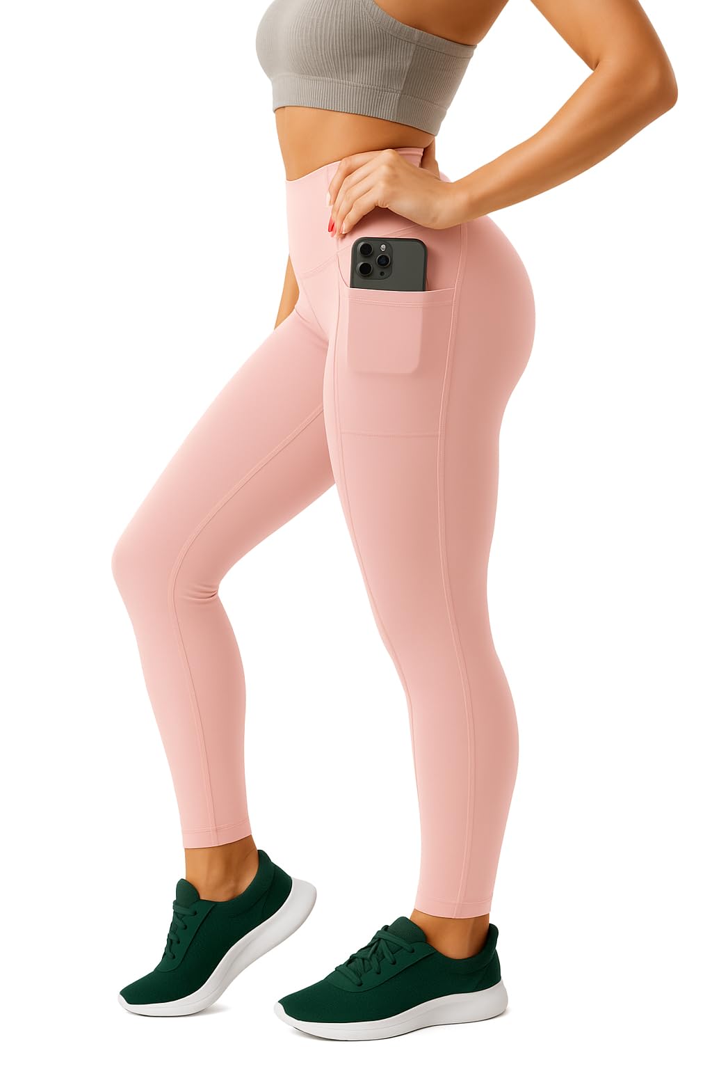 High Waist Athletic Leggings for Women, Microfibre Polyester Sports Pants with Phone Pocket
