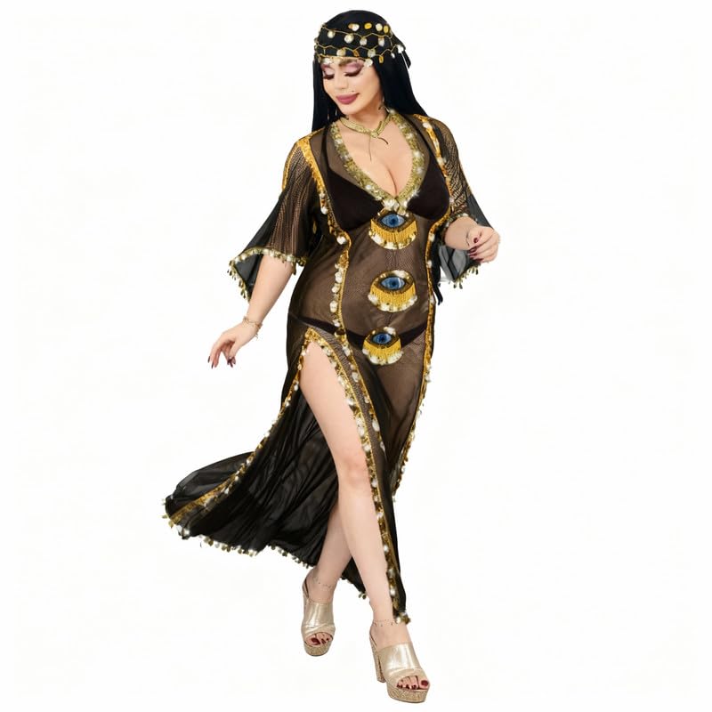 JAZZEEL Sheer Eye Motif Galabeya Dress, Mesh Fabric with Gold Sequin Trim and Decorative Eye Panels, One Piece Home Wear and Party Outfit for Women, Elegant Design for Occasions and Shows, Black Gold