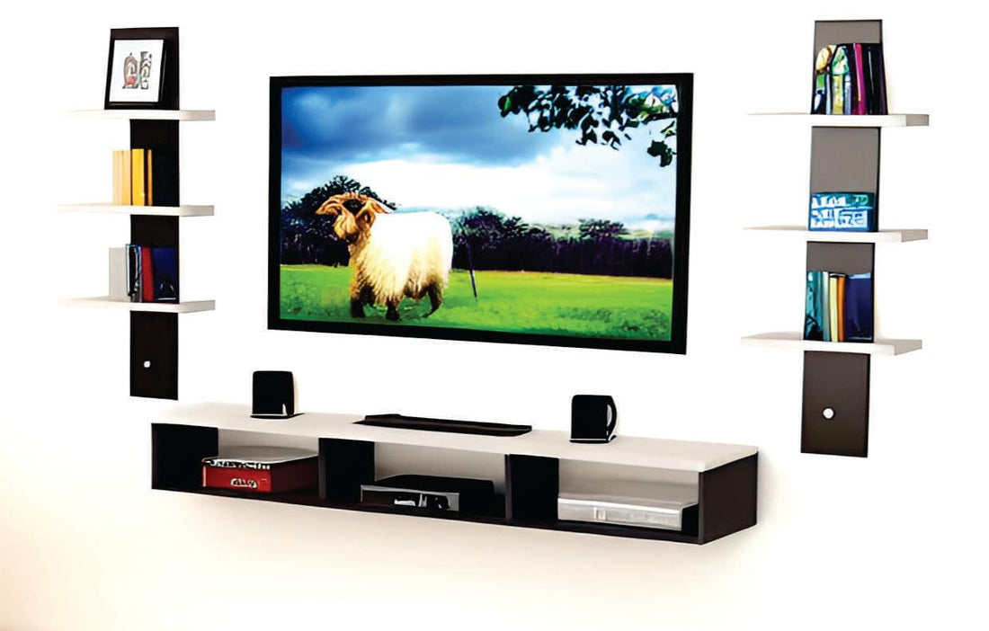 Dime Store Wooden Wall Mounted TV Unit for Living Room, TV Cabinet for Wall, TV Stand for Wall, TV Stand Unit Wall Shelf for Living Room, Set Top Box Stand (Large, White Shelves)