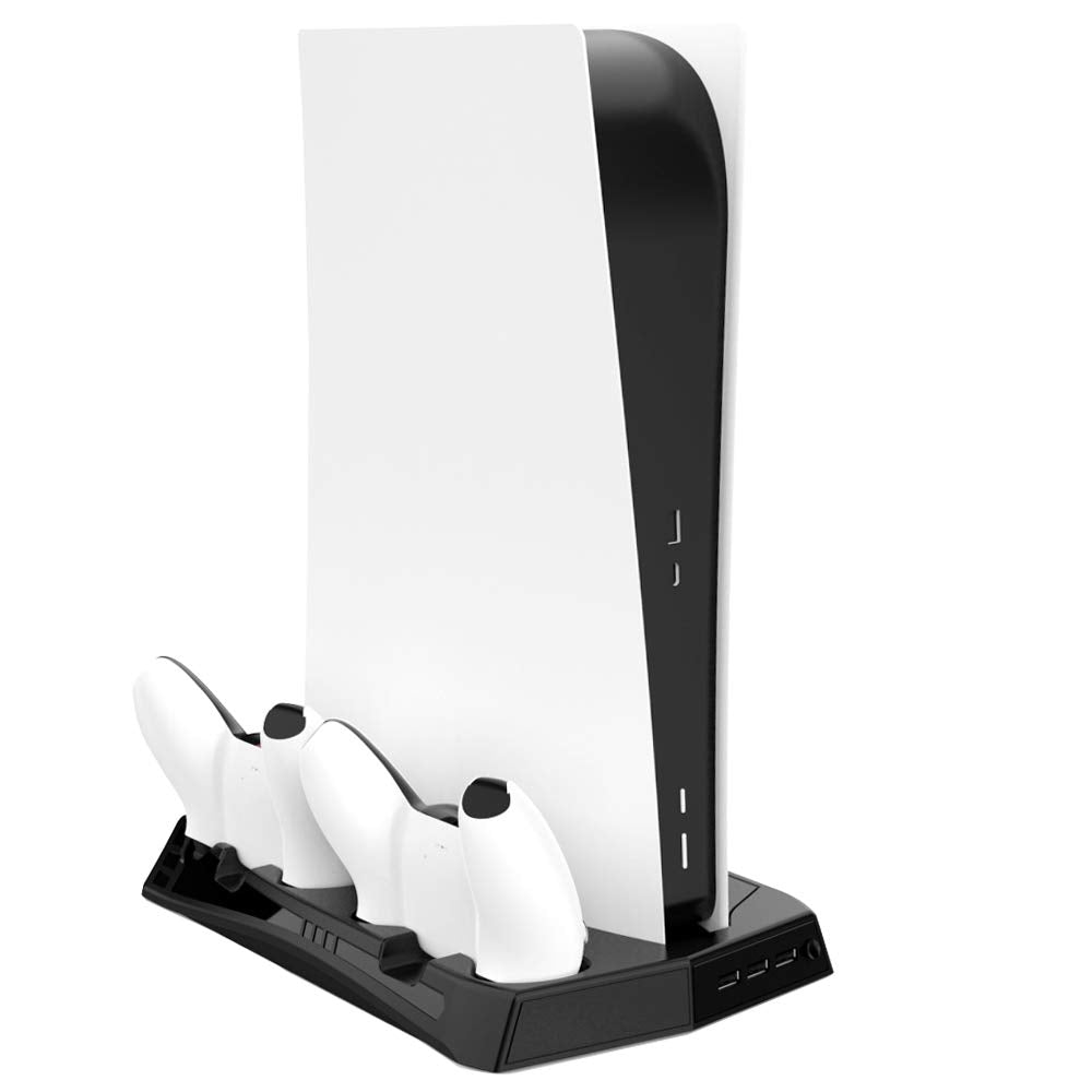 Charging Stand with Cooling Fan for PS5 Ultra HD Console and PS5 Digital Edition, DualSense Controller Charge Station and 14 Retractable Game Storage for Sony Playstation 5