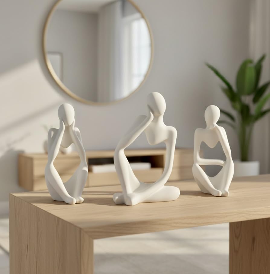 Ceramic Thinker Statue 5In -Set of 3 | Abstract Men Figurine Showpiece Modern Sculpture | Home Decor for Living Room Bedroom Bookshelf Office Table | Housewarming Birthday Gift (White)