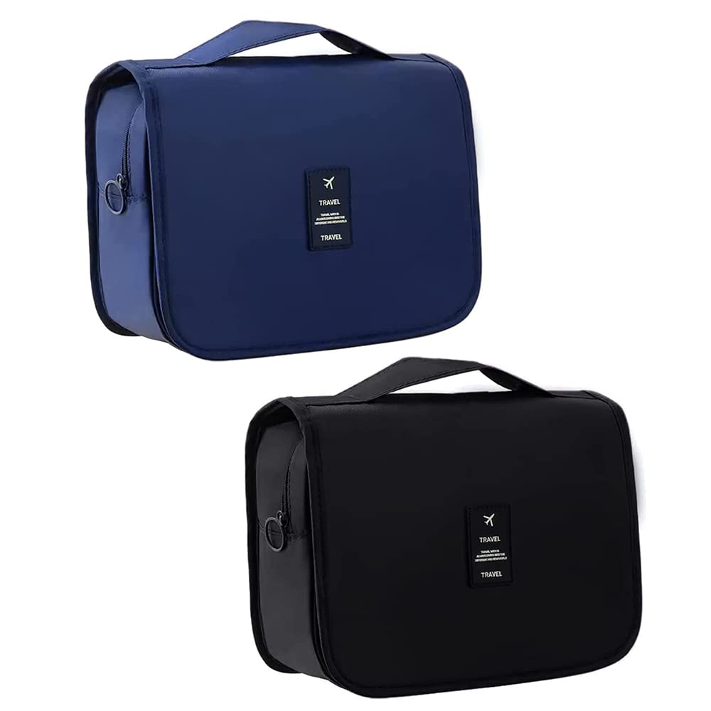 Toiletry Bag for Women Man Hanging Makeup Bags Organizer Travel Bag for Toiletries Cosmetic Bag Waterproof Bathroom Shower Bag with Hook(2 PCS,Navy Blue&Black)