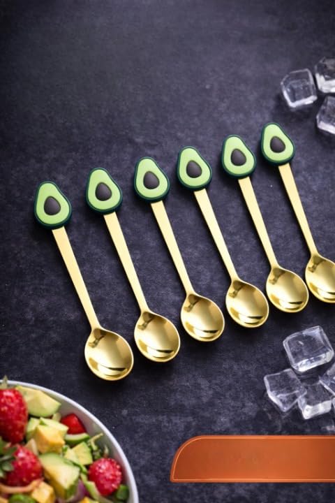 Set of 6 - Cute Golden Stainless Steel Dessert & Teaspoons with Fruit-Shaped Silicone Tops (avocado)