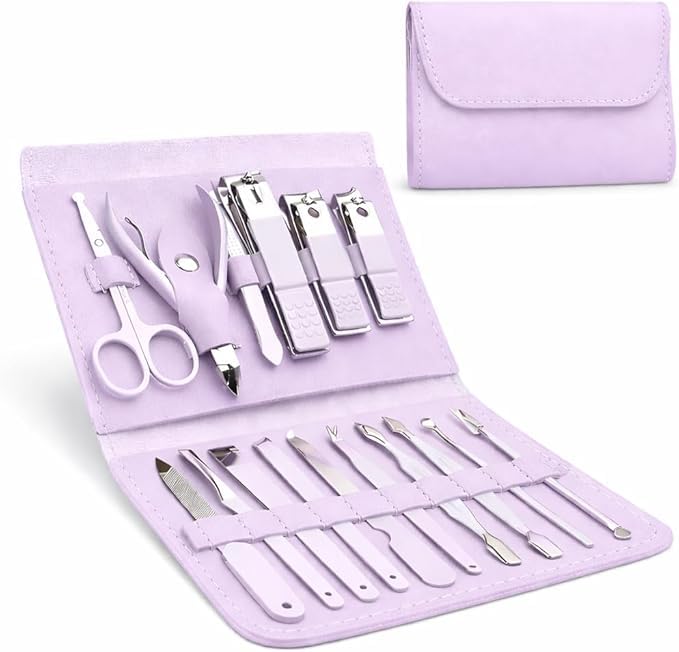 Manicure Set Pedicure Kit 16 in 1 Stainless Steel Nail Clippers Scissors Grooming Tools for Men & Women with Leather Case (Purple)