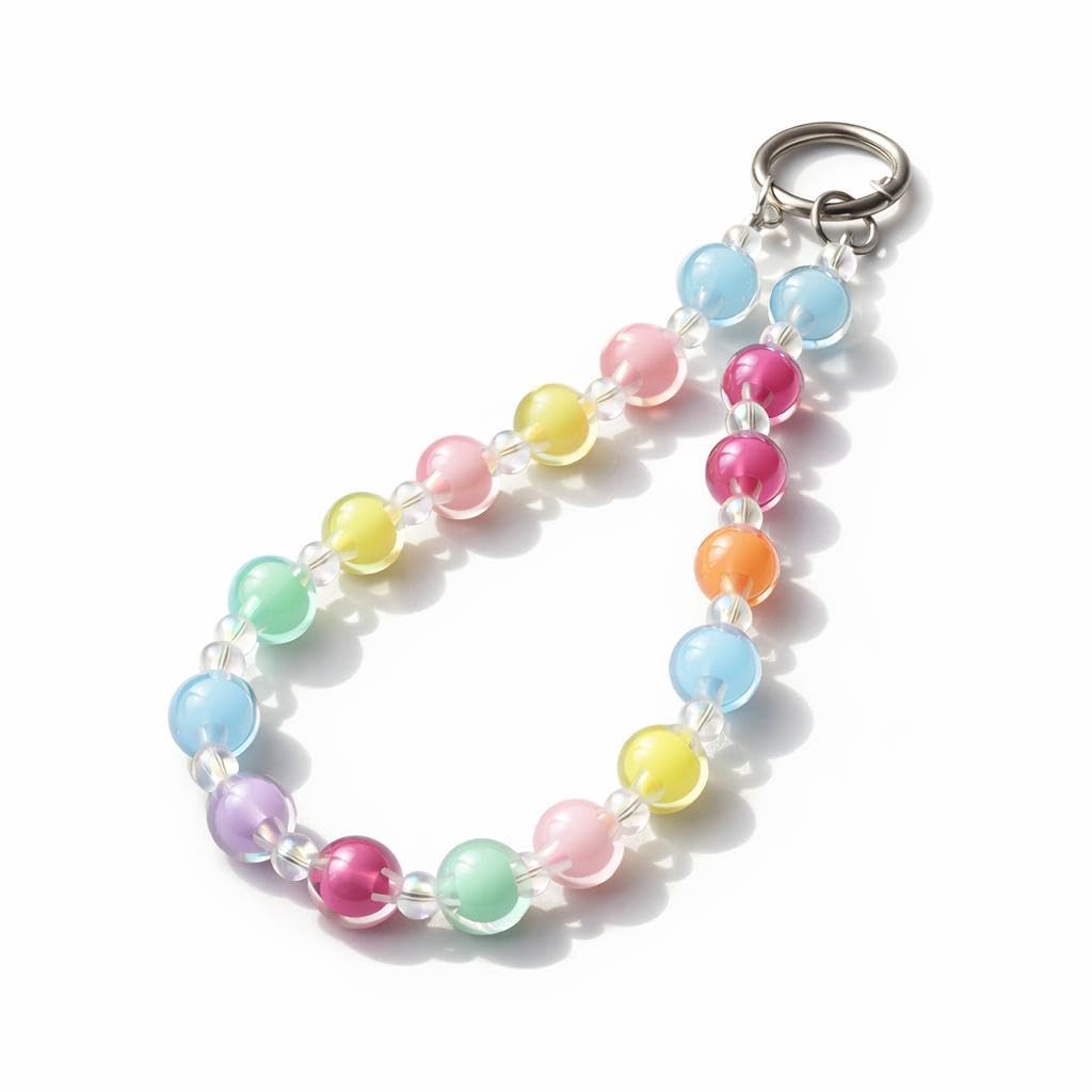 Keyring Phone Lanyard - Colorful pastel beadwork creates a soft, functional wrist strap with attached keyring, offering safety, style, and convenience.