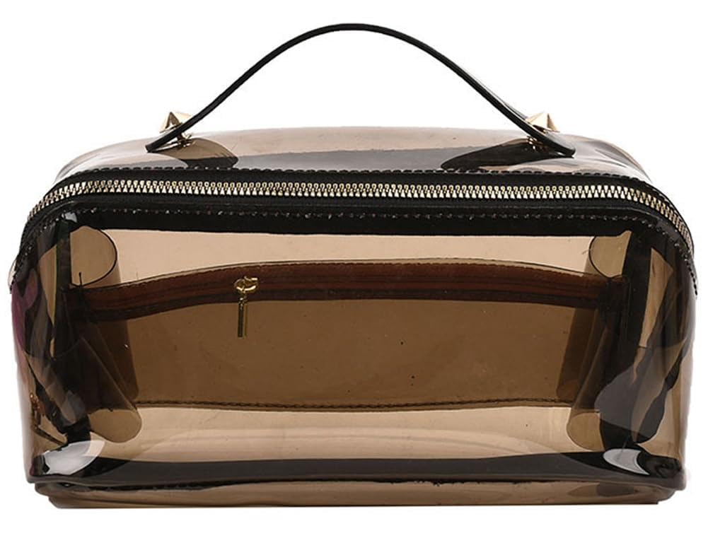 Cosmetic Organizer - Transparent semi-transparent makeup bag with leather handle and zipper for storing beauty essentials while traveling