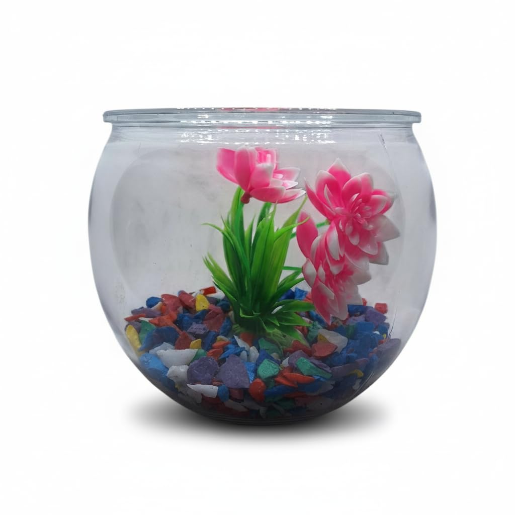 Small Fish Bowl with 500 Gr Imported Bright Gravel (Plastic Flower Shape Pink & White) - Glass Vivarium for Aquariums