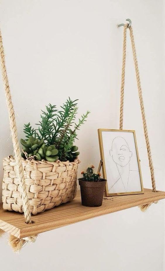 MacrameStore- Wooden Shelf with Burlap Design – 40 cm - رف خشب مزين بالخيش