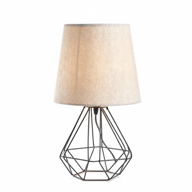 Modern Table Lamp – Black Geometric Metal Base with Linen Fabric Shade – Soft Warm Ambient Lighting – Elegant Velvet Design – Suitable for Bedrooms & Home Décor – E27 Bulb