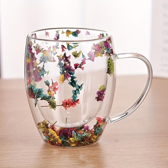 Mug (Double Walled Glass Coffee Mug with Handle and Dried Flower Thermal Insulated, 250ml Cup, Summer Tea Cup for Wife, Mom, Birthday Gifts)
