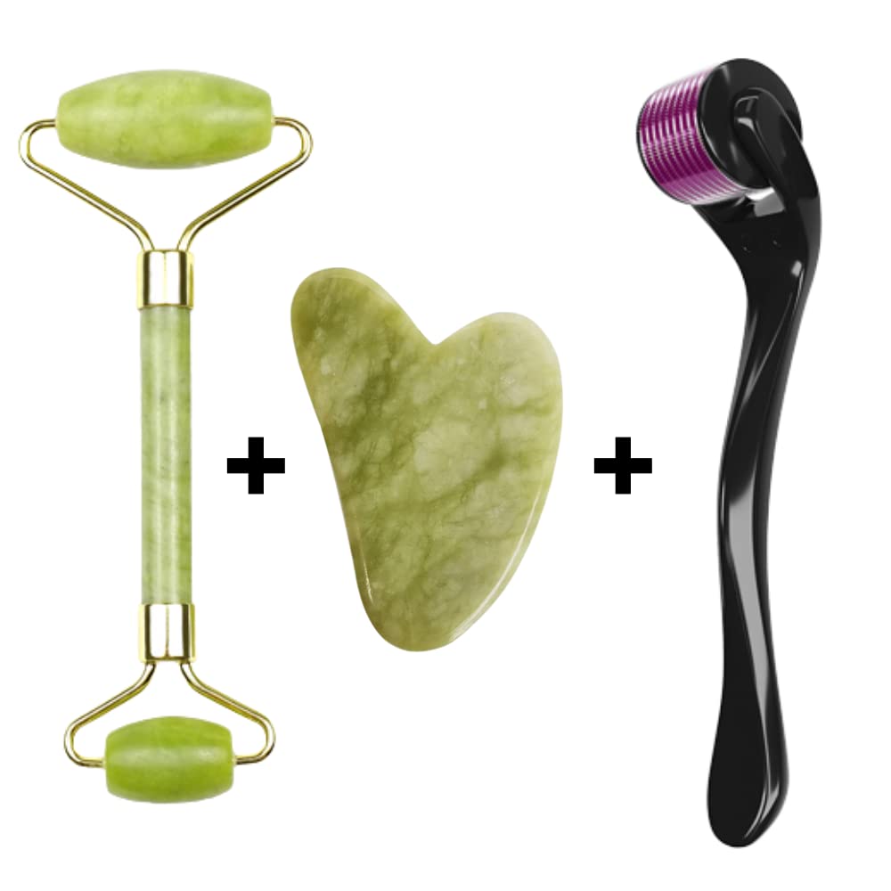 3 in 1 Jade Roller, Gua sha Scraping Facial Massage Tool and Derma Roller
