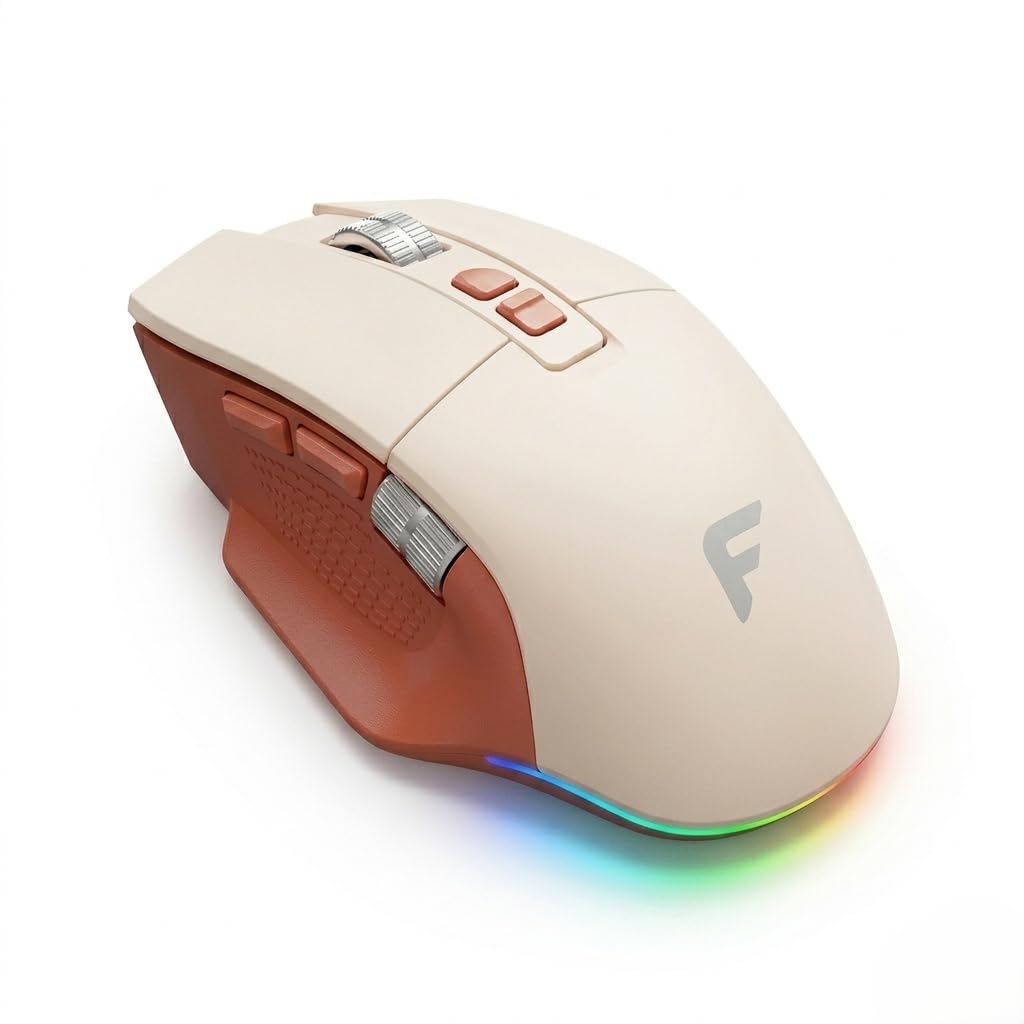 Founder G600 Wireless Mouse 3-Mode 2.4G &Bluetooth &Wired | 400-4800 DPI | RGB | Double Scroll Wheel | 8 Programmable Buttons |1000Hz Polling Rate, Rechargeable, Beige.