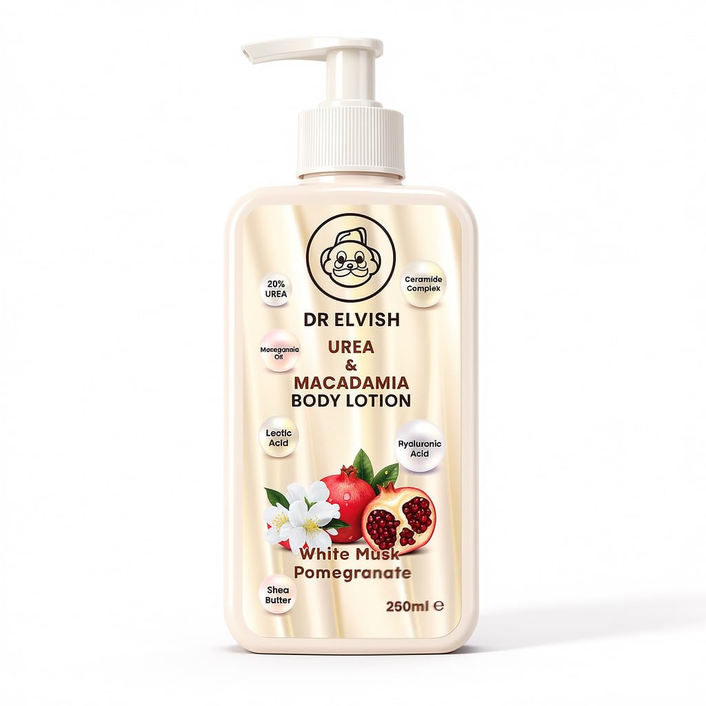 Dr. Elvish White Musk & Pomegranate Urea Body Lotion 250ml – Deep Moisturizing Body Cream with Macadamia & Natural Oils | Long-Lasting Fragrance | Hydration for Dry & Sensitive Skin
