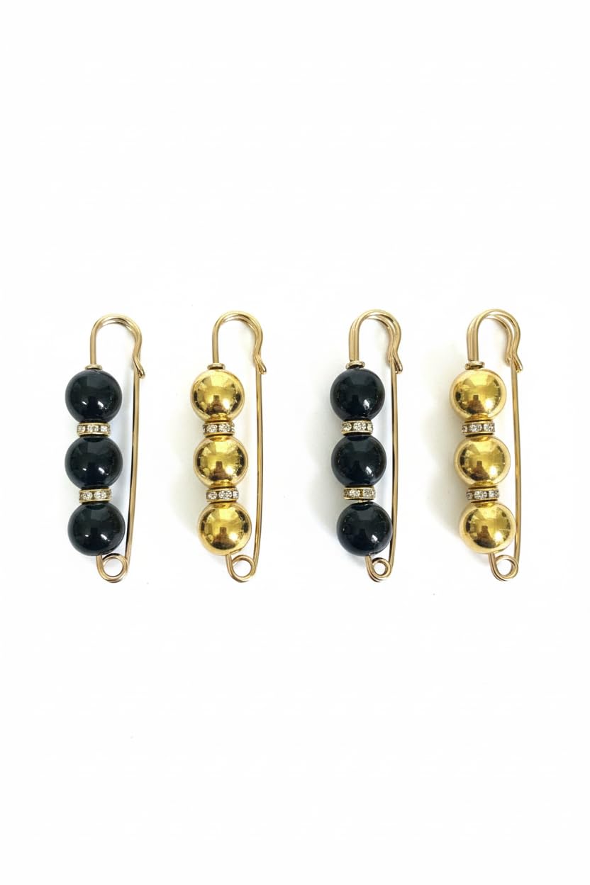 Decorative Safety Pin- with Beaded Design & Crystal Accents – Stylish Multi-Purpose Pin – Pack of 4 (GOLD & BLACK)