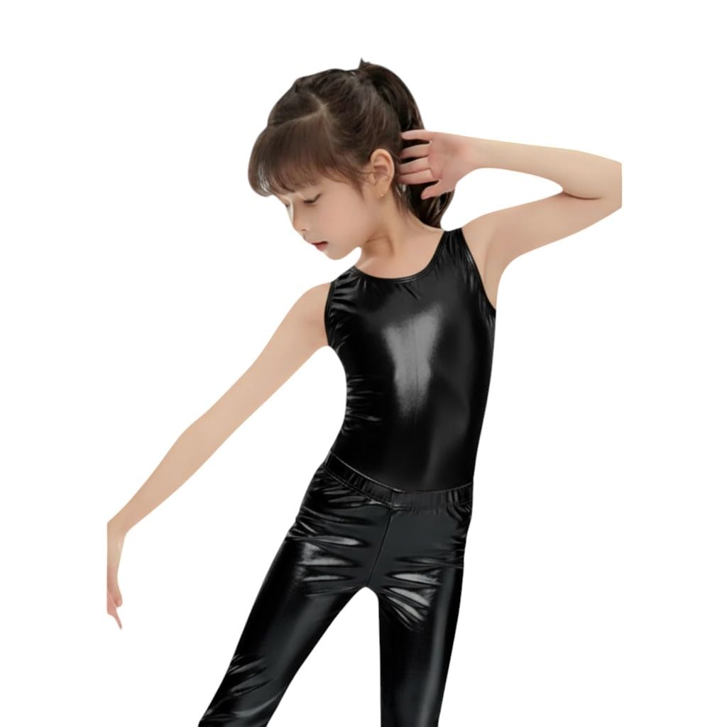Kids Gold Glitter Disco Dance Bodysuits One Piece with Black Pants, Lycra
