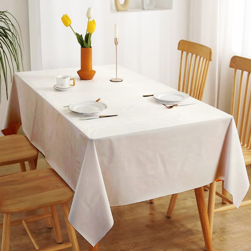 INtex Home Waterproof Tablecloth, Daniella Geometric Pattern Rectangle Table Cover, Stain Resistant Wipeable Fabric for Kitchen Dining Table, 1 Piece - Classic Weave - Off-White - 130 x 190 cm