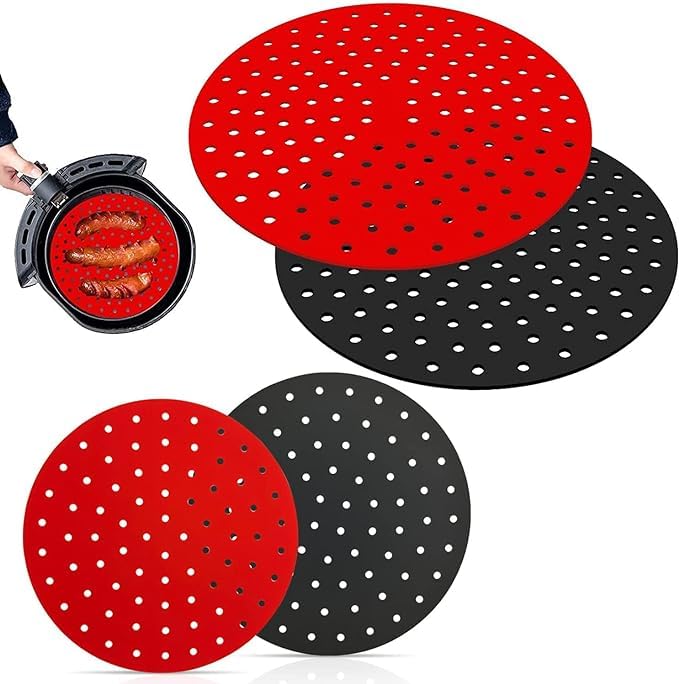 Set Of 2 Black And Red Colors Durable Material Air Fryer Basket Mat, Food Grade Universal Portable Silicone Pot Basket, Reusable No Stick Easy To Clean Pressure Cooker Pad, BPA free (Circular)