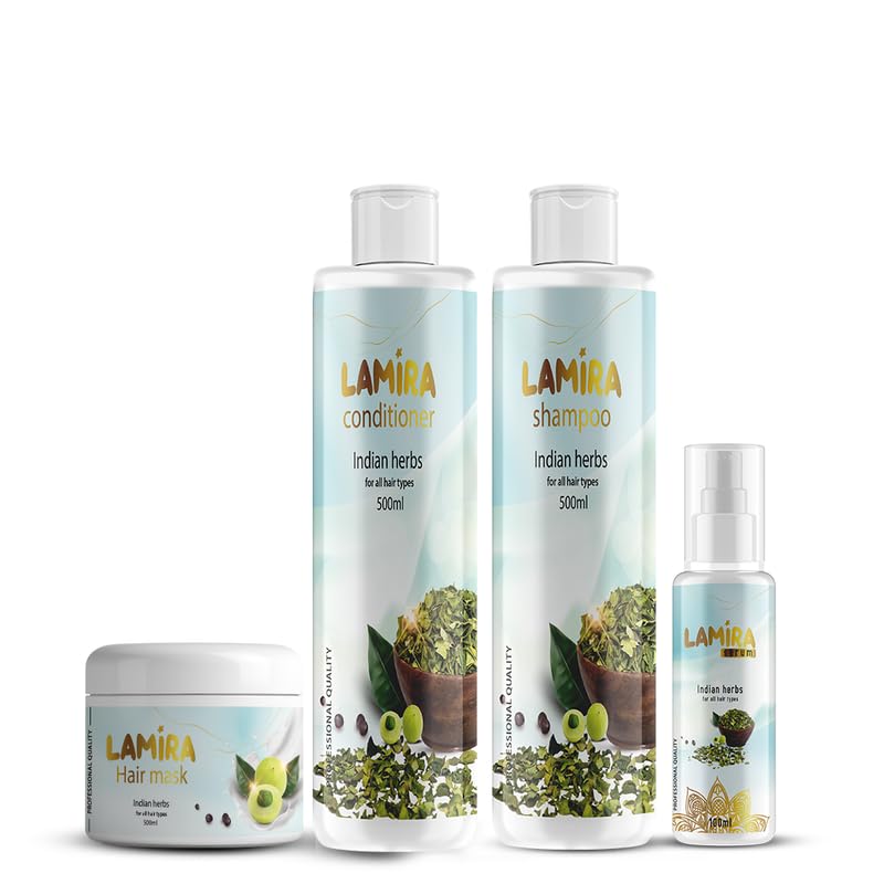 Lamira Indian Herbs Hair Care Kit – Shampoo, Conditioner, Hair Mask (500ml) + Serum (100ml) – Sulfate & Paraben Free – For Hair Growth & Softening