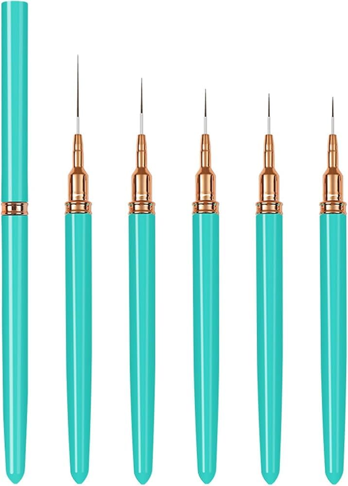 5 Pcs Nail Art Liner Brush Set for Fine Detail Design, Ultra Thin Precision Brushes for French Tips, Lines, Swirls, Drawing, Gel Polish Manicure Tools for Home and Salon Use (Turquoise)