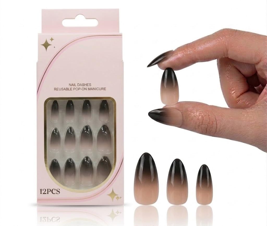 12pcs Gel Press On OVAL Nail Shiny False Nails Full Cover Artificial Fake Nail Art Tips- Comes With 1 SHEET DOUBLE FACE (N9)