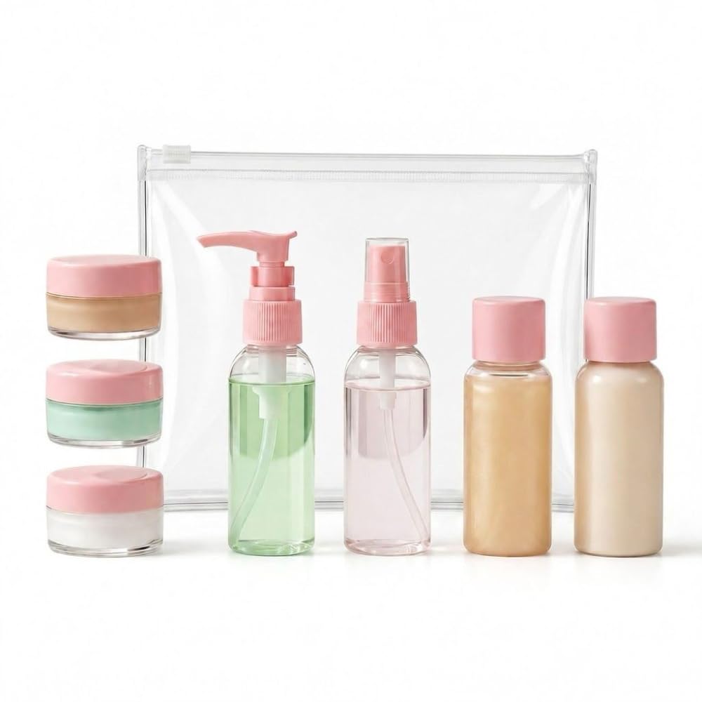 TEMPERIA (7pcs) Travel Bottles for Toiletries - Refillable Empty Mini Small Container Travelling Kit Set for Shampoo, Cosmetics & Other Essentials - with Pouch (Random Colours)