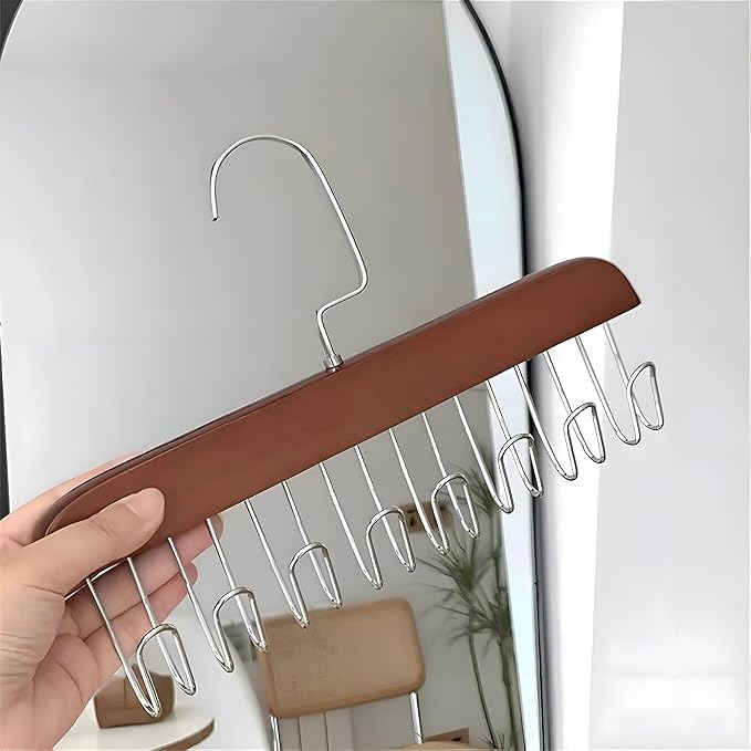 Wooden Belt Hanger with 8 Hooks, Adjustable Closet Organiser for Ties, Scarves, Lingerie, Foldable Storage Rack, 1 Piece