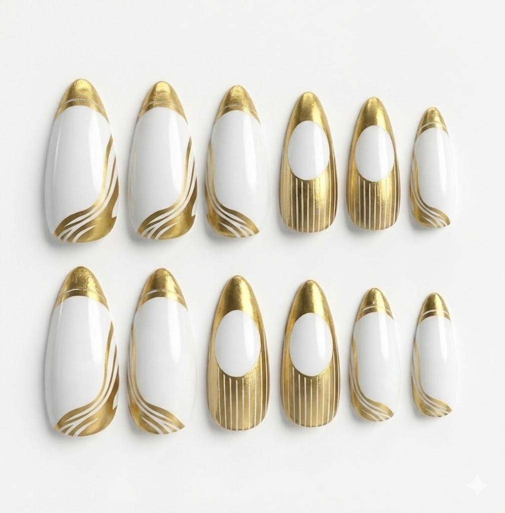 Nopatia Fine Art Design Fake Nails - Almond Nail Kit with Gold Accents and Marble Colors - Elegant and Attractive Nails That Give You a Professional Look (Style 3)