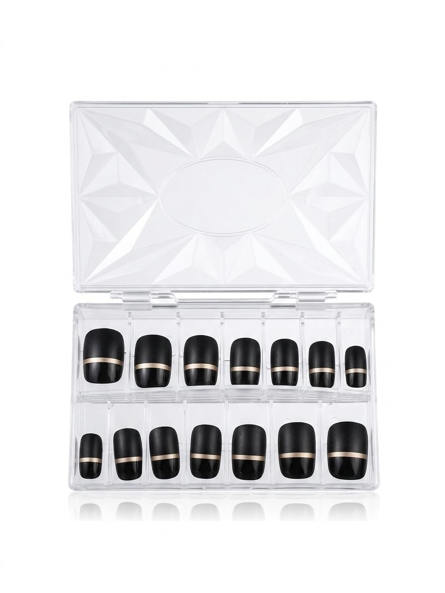 14 Pieces False Nails Self Adhesive False Nails Black with Gold Line Square Shape Easy to Apply