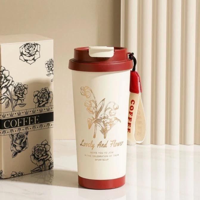 Insulated Travel Coffee Mug, 530ml, Stainless Steel, Red Cap with Lid and Straw, Floral Design