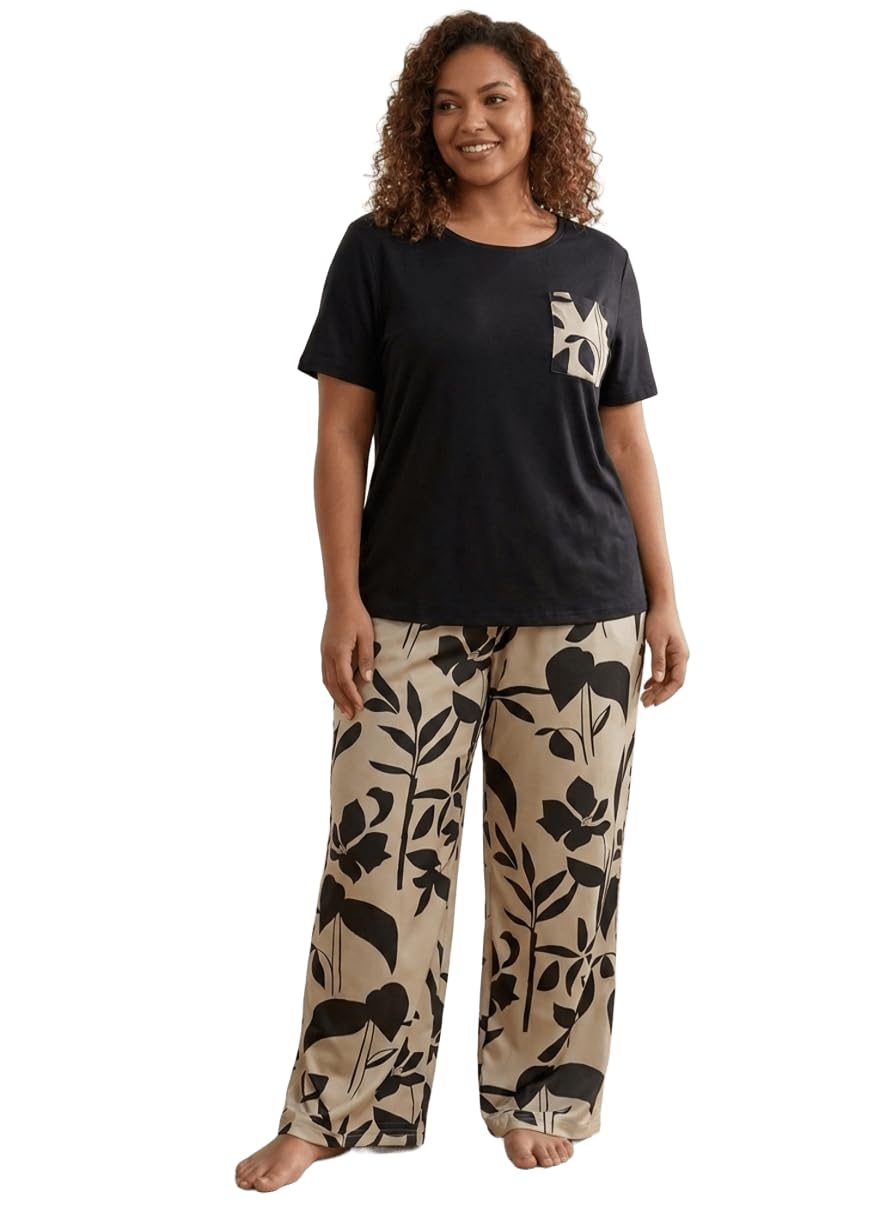 Women Summer Pajama Set 2 Piece Plus Size Up To 100K Black T-Shirt With Pocket And Loose Leaf Pants
