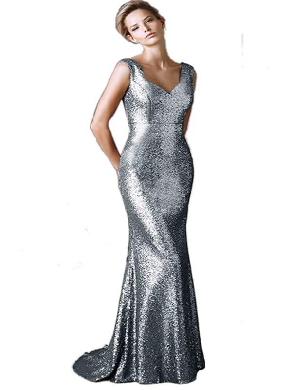 Women's Sequin Silver Glitter Evening Dress Sleeveless Lining