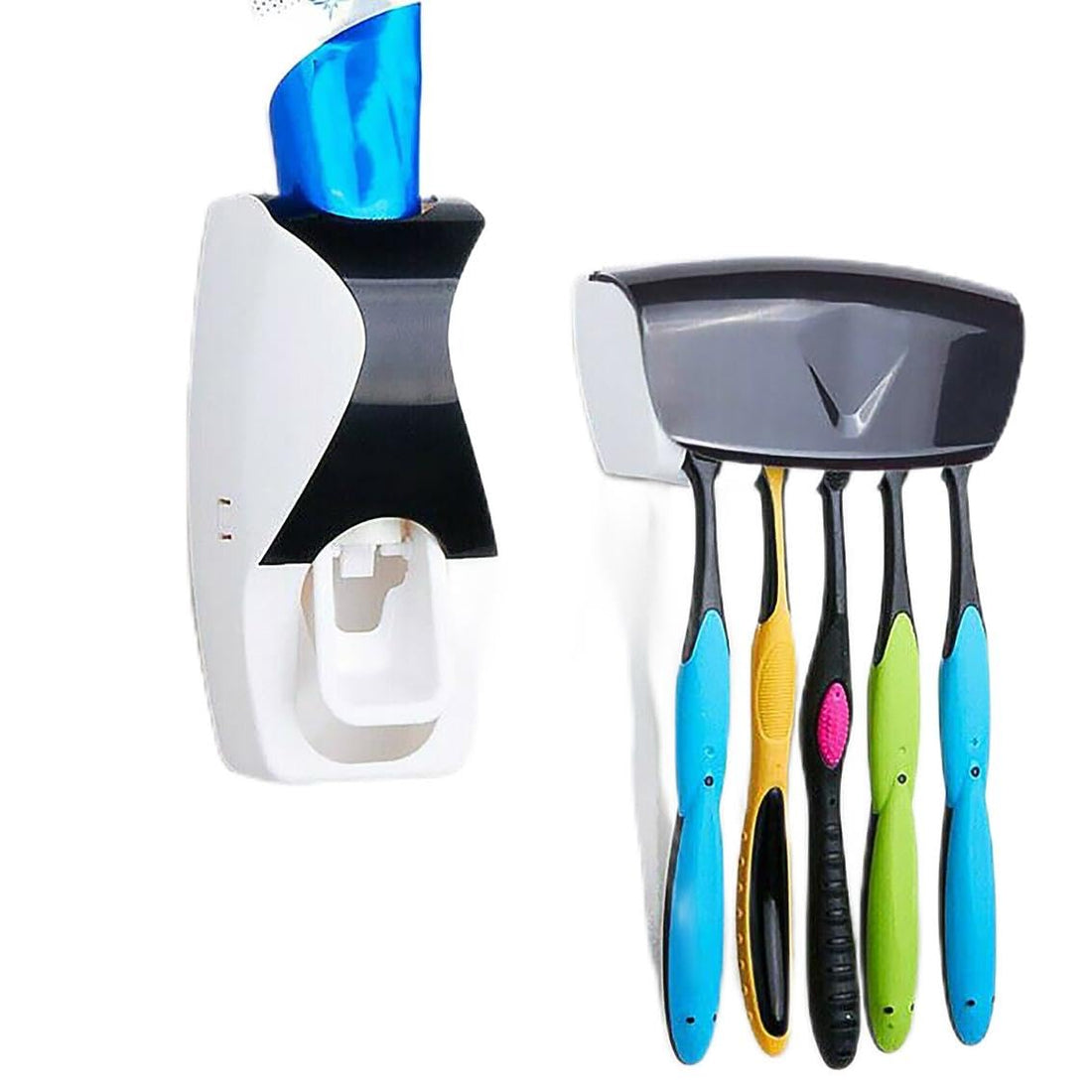 GLUN Automatic Toothpaste Dispenser with 5 Brush Holder, Fresh ABS Plastic Dust-Proof Wall Mounted Toothbrush Holder with Cover Storage Stand for Home Bathroom