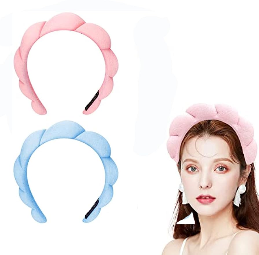 Spa Headband for Washing Face Sponge Makeup Skincare Headband Bubble Soft Hairband for Women Girls Fashion Hair Hoop Christmas Gifts Puffy Headwear Non Slip Thick Thin Hair Accessory (pink+blue)
