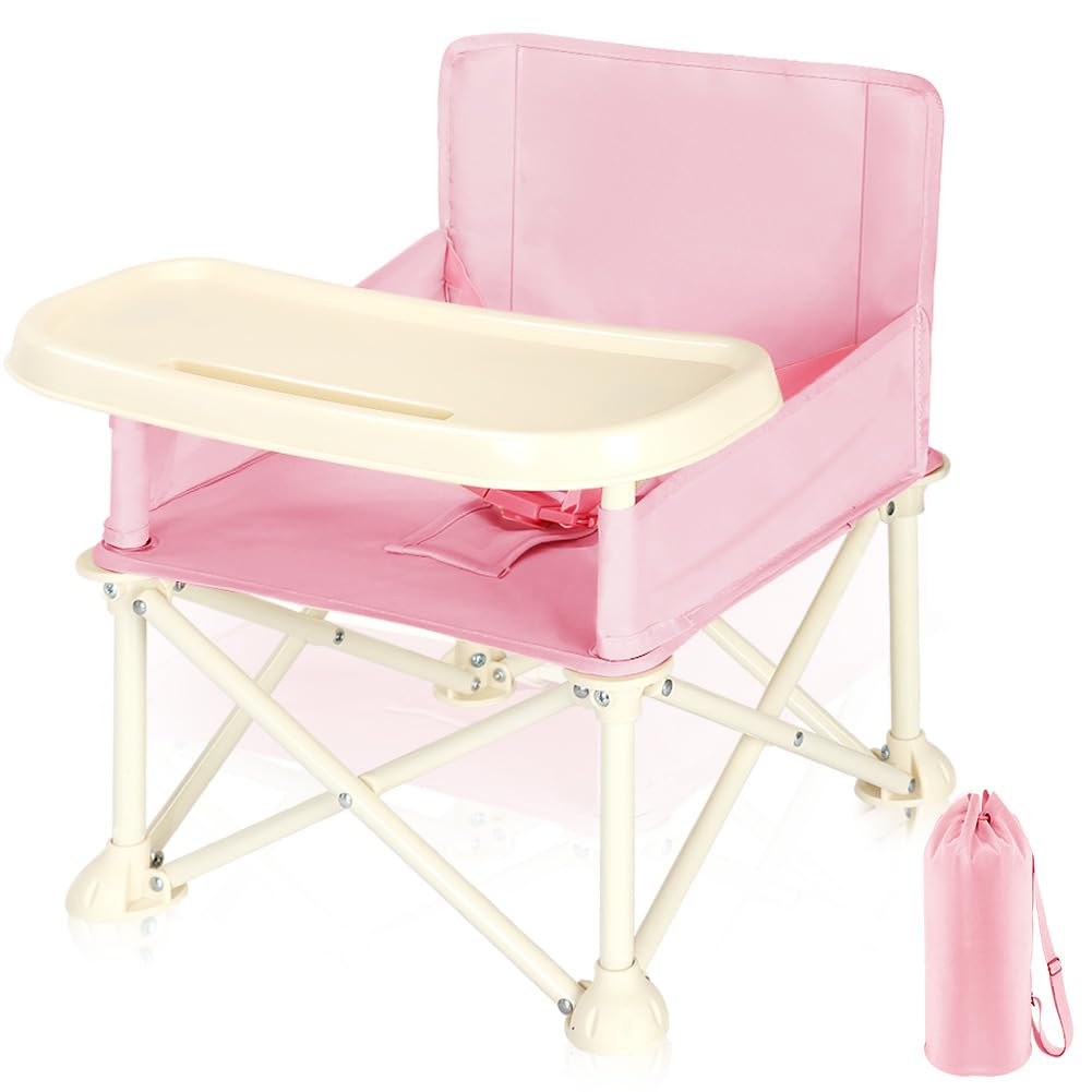 UBRAVOO Booster Seat for Baby, Lightweight Portable High Chair 6 Months Plus,Compact Folding Eating Camping Beach Lawn Chair with Removable Tray Indoor Outdoor (Pink)