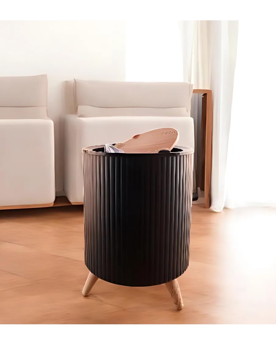 Waste Basket Chic Trash Basket, Home Decor Trash Basket With Wooden Legs Trash Can (Black)