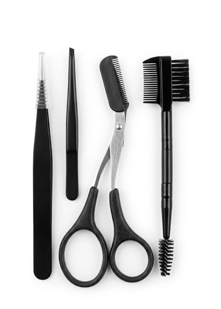 Eyebrow Razor, 4 in 1 Eyebrow Kit, Eyebrow Trimming Kit Including Brow Razors, Brush, Eyebrow Scissors, Tweezers, for Women and Men, Black