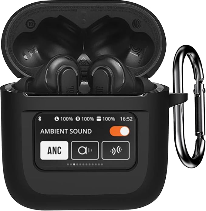 Case Cover for JBL Tour Pro 2, Dark Blue Silicone Protective Shockproof Earbuds Case with Keychain, 2023 Compatible, LCD Touch Screen Visible, Waterproof (Black)