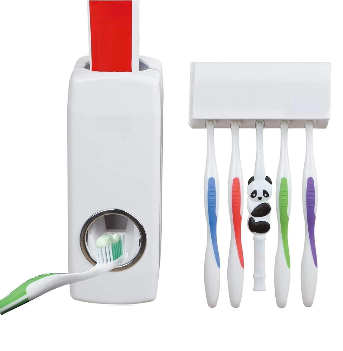 Whitecloud TRANSFORMING HOMES Automatic Toothpaste Dispenser Hands with 5 Toothbrush Holder Wall Mounted Toothpaste Set Squeezer Kit Dust-Proof (201-13)