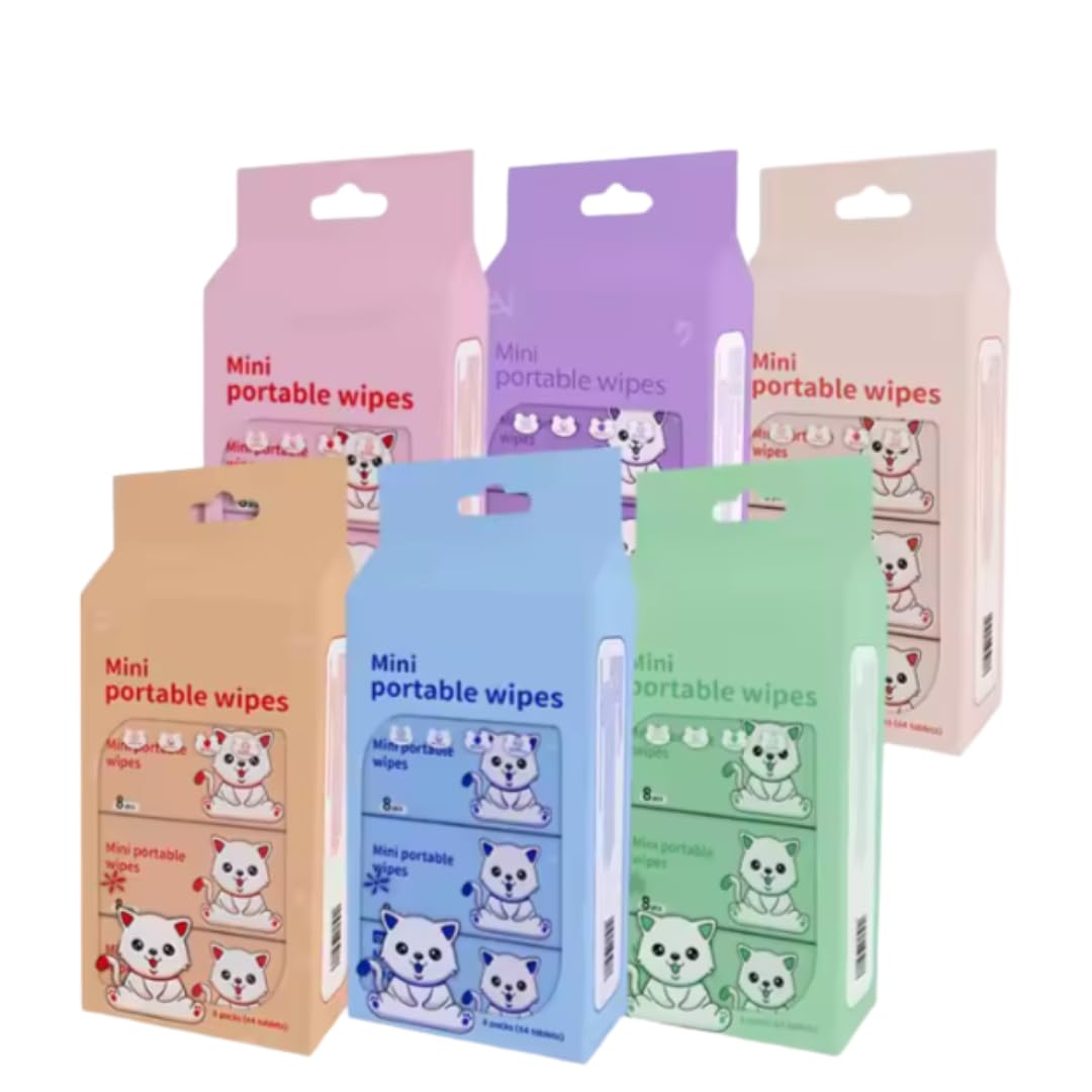 Pack of 8 Soft Cleaning Mini Portable Wet Wipes, No Flavor, No Chemicals, Ultra Small Cartoon Wipes for, and Utensils, Compact for Travel, School, Kitchen, and Home