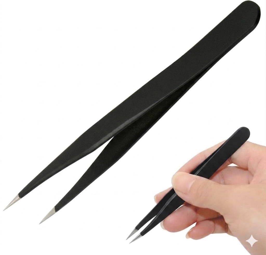 Professional Anti-Static Precision Technology Tweezers, Non-magnetic Straight Pointed Tip, Stainless Steel Plastic Coated, Full Length 120mm, Black