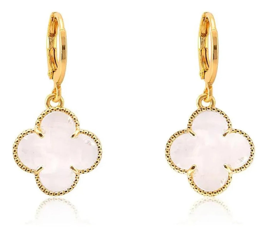 Julia Store 18K Gold Plated Stainless Steel Four Leaf Clover Lucky Trendy Love Drop Dangle Chain Earrings Jewelry Gift For Women Girls The Piece Of Art You Must Have - Mother Of Pearl