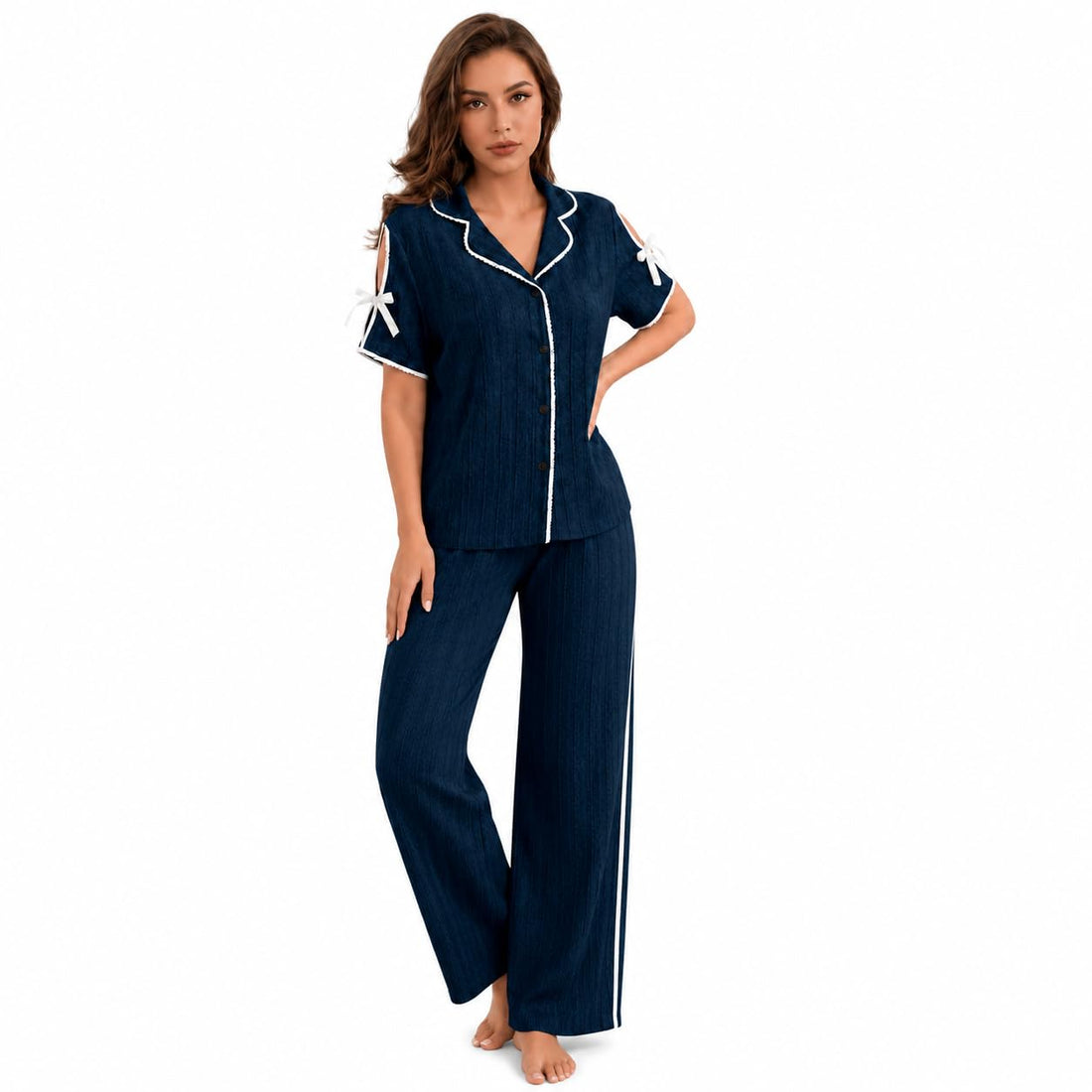 Narissa Women's Lace Pajama Set 2 Pieces, Button Down Shirt with Bow and Flare Pants - Pointelle Premium Cotton Material