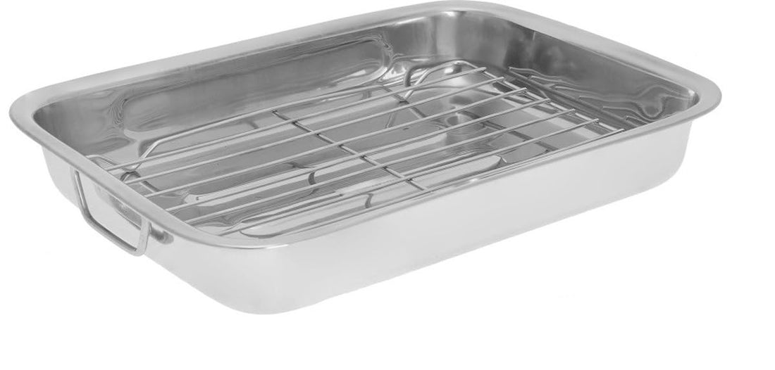 New Stainless Steel Roasting Tray with Grill Rack - Sturdy Handles - Baking Tray with Removable Rack Pan - Non Stick Coating - Roasting Tin Pan for Meat, & Vegetables (40cm)