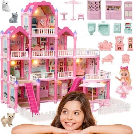 VillaaM Kids Doll House Playset, Pink, 296 Pieces, 3+ Years, with Doll and Cat Included