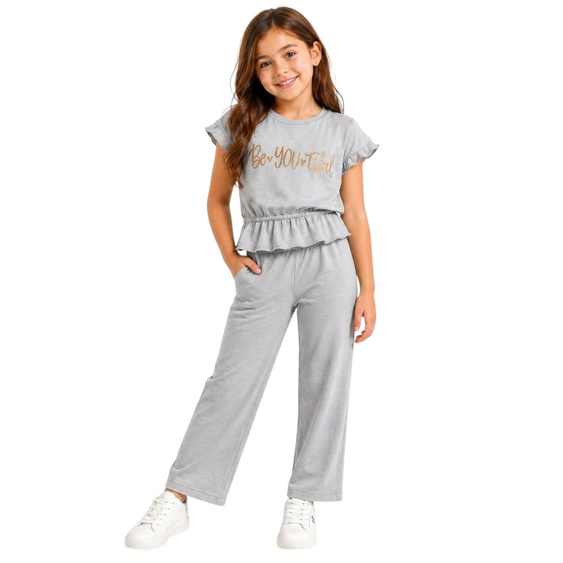 Girls Summer 2 Piece Set – Be YOUtiful Printed Ruffle T-Shirt + Comfy Pants – Soft High Quality Cotton – Suitable for Outdoor & Home