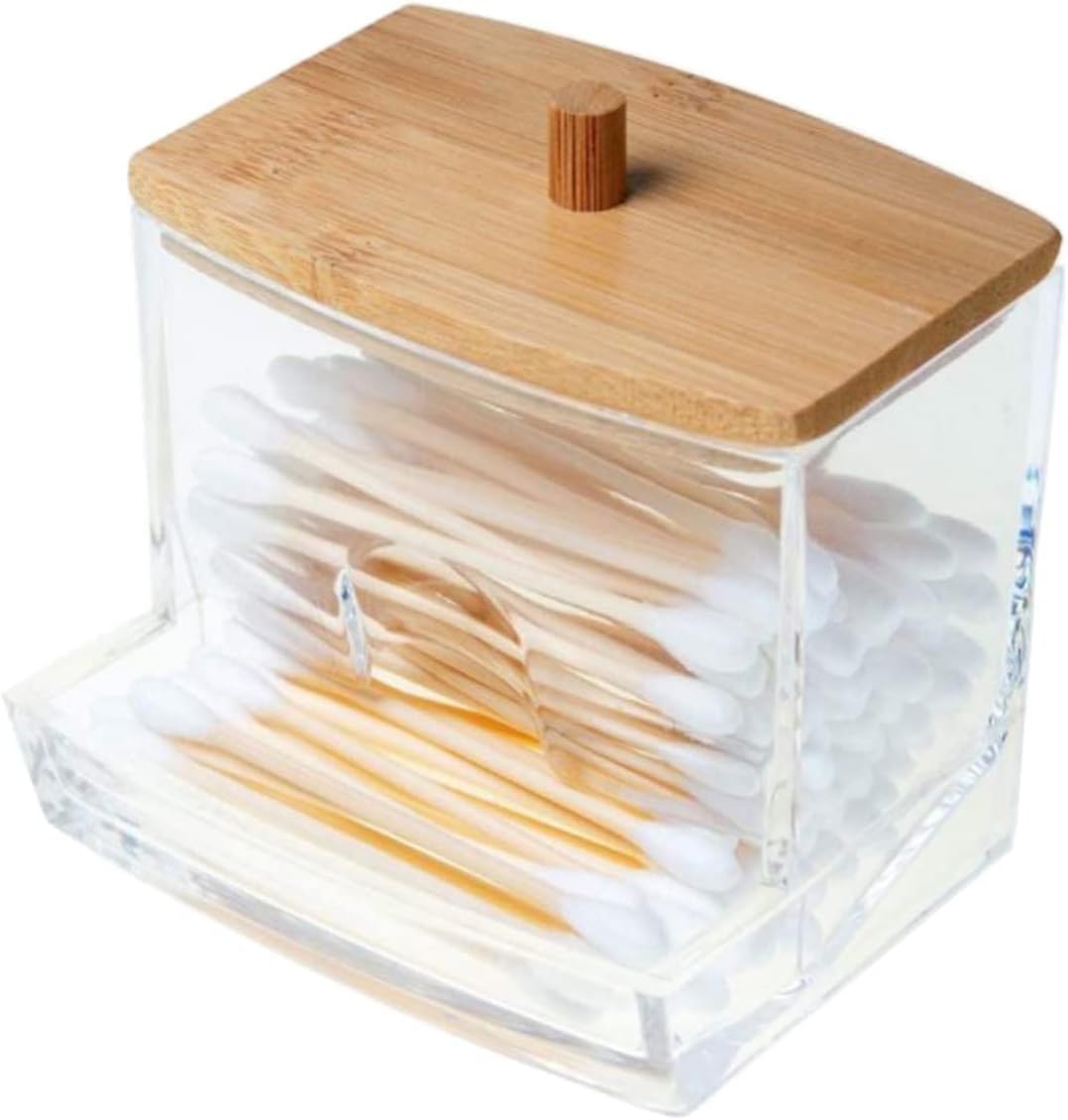 Circle M Acrylic Cotton Ball Holder with Bamboo Lid: Vanity Swab Jar Organizer A – Clear