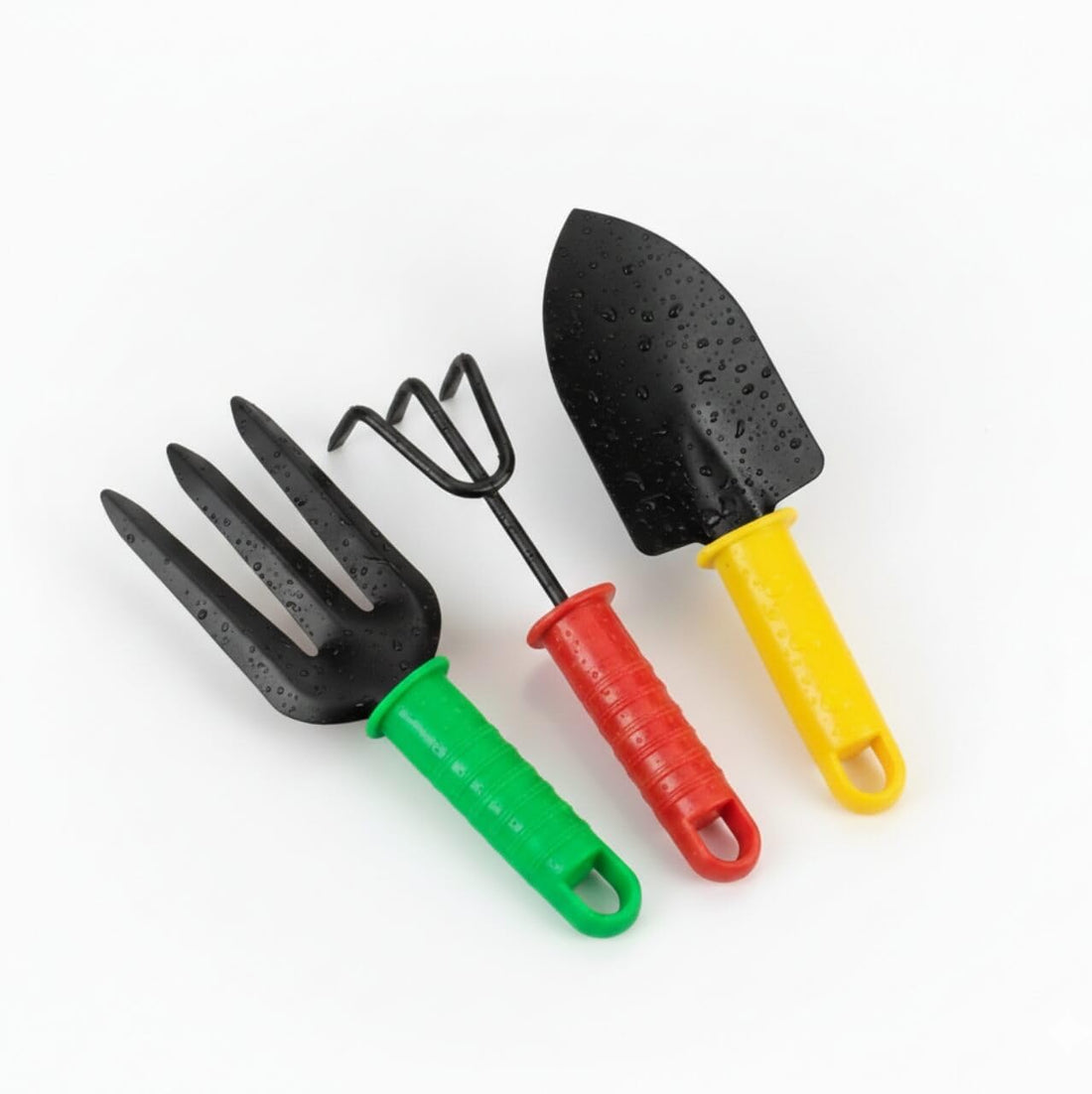 Gardening Tool Set, 3 Pieces, Shovel, Fork and Pickaxe, Colorful Handles Green, Red, Yellow, Black