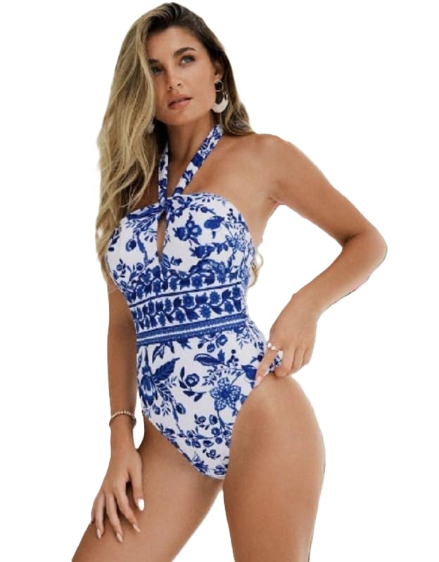 Women 1Pc Blue Printed One-Piece Swimsuit, Minimalist Fashion For Casual And Everyday Wear For Summer Beach Vacation