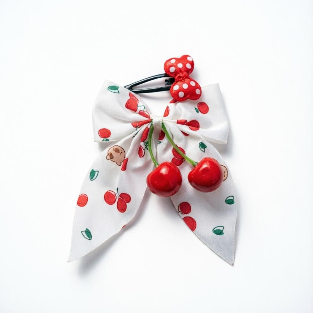 Snap Hair Clips - Cherry Bow White Fabric Print Red Polka Dot Pattern Sweet Style Girls Fashion Hair Accessory (2 pieces)