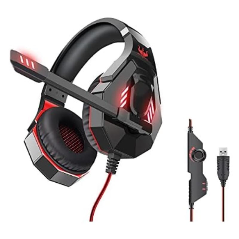 Ovleng Q10 LED Vitrual 7.1 Channel USB Gaming Headset with Noise Cancelling Microphone,3D Stereo Surround Sound, Volume Control, Compatible with PC, Mac & Consoles - Black Red